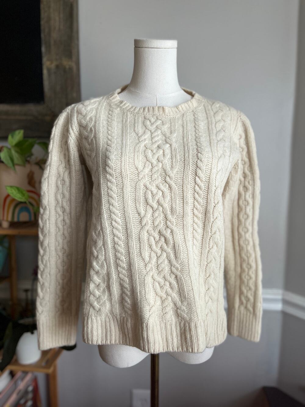 Vintage Y2K L.L. Bean Wool Sweater Cream Cable Knit Ireland Size Large